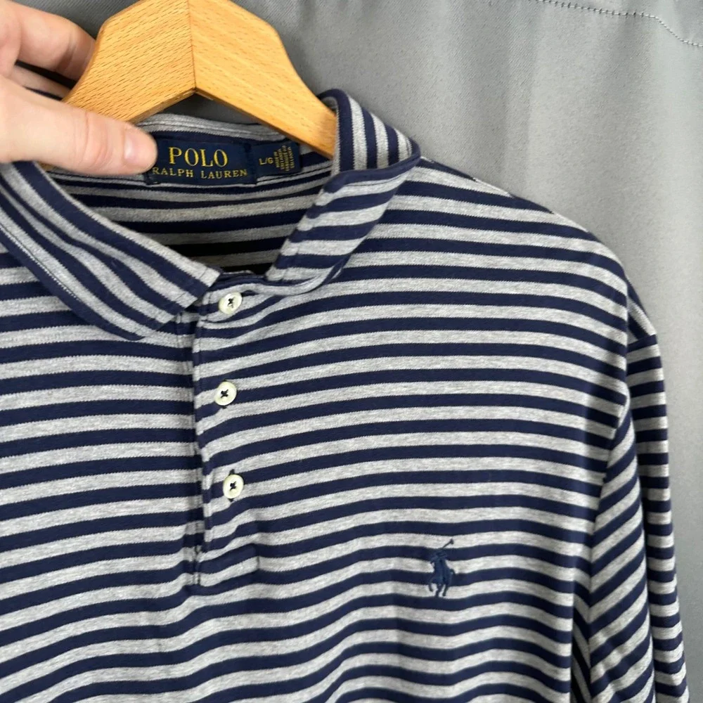 Polo Ralph Lauren Mens Large Striped Polo Shirt Navy Blue Grey Short Sleeve L